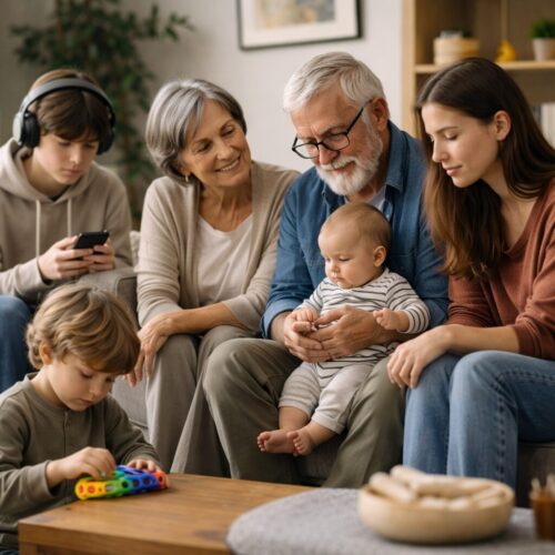 Across Generations: Living With Neurodivergence Today | Comfort In The Chaos Multi-generational family sitting together in a modern living room, showing everyday life across autism and ADHD, with adults, children, and a baby quietly interacting using phones, headphones, and sensory tools.