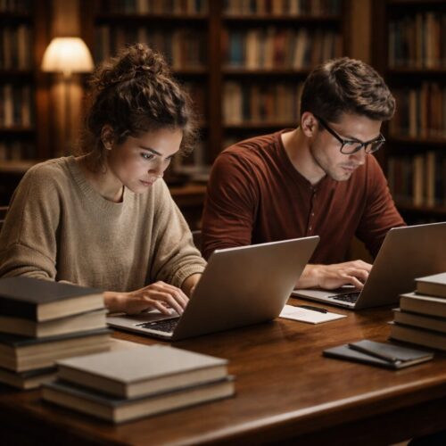 Focus Learning and Purpose | Comfort In The Chaos Two adults seated across from each other at a wooden table in a library, deeply focused on their laptops, with neatly stacked books around them, showing intense concentration and shared quiet work.