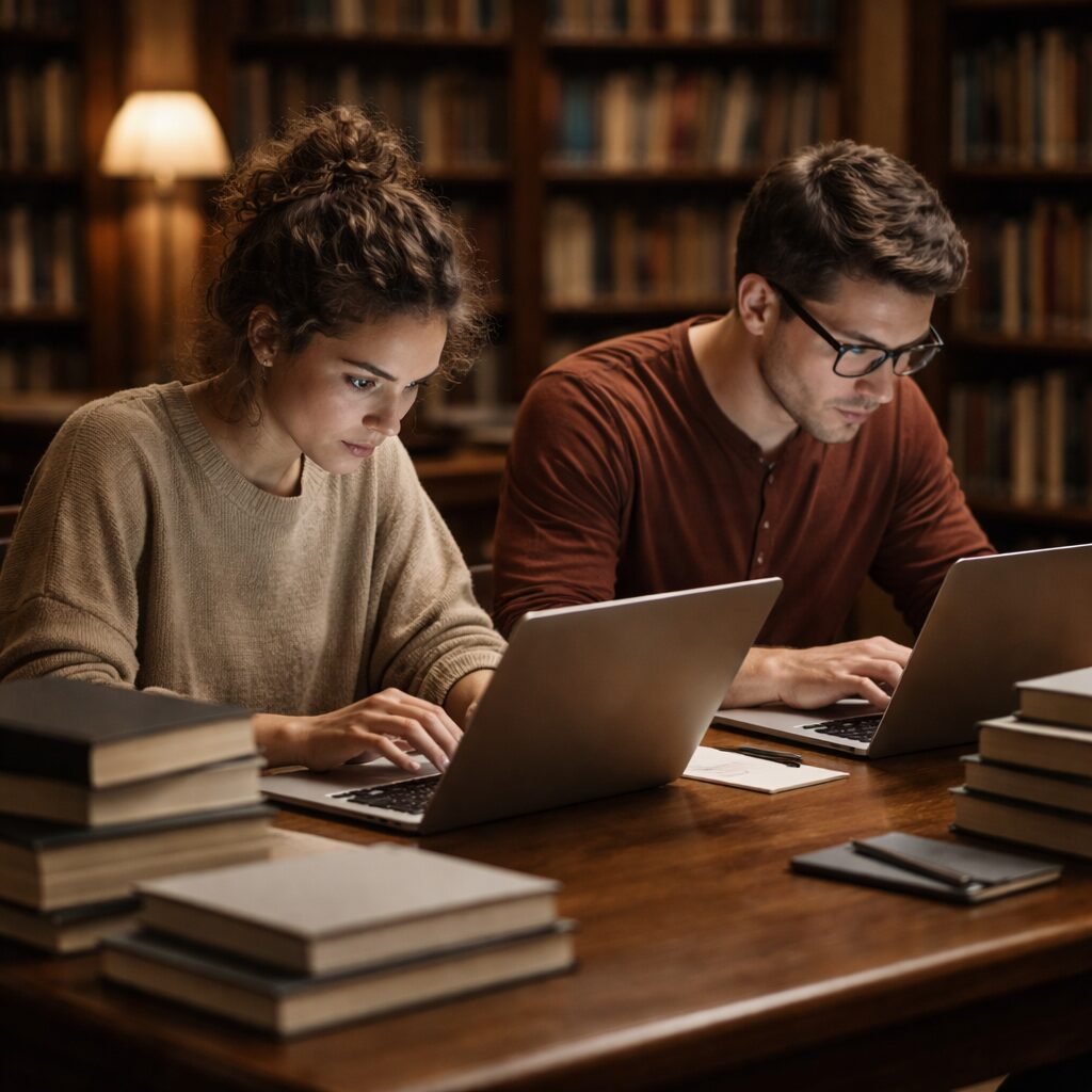 Focus Learning and Purpose | Comfort In The Chaos Two adults seated across from each other at a wooden table in a library, deeply focused on their laptops, with neatly stacked books around them, showing intense concentration and shared quiet work.