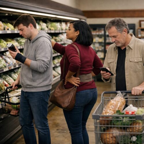 Invisible Disability in Everyday Life 1024 by 1024 | Comfort In The Chaos Three adults shopping together in a grocery store, each navigating the space in their own way with subtle signs of invisible disability, including posture differences, a hidden brace, and focused attention.