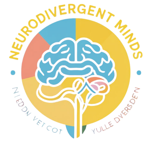 Neurodivergent Minds | Comfort In The Chaos Illustration of a multicolored brain in yellow, blue, white, and orange with the words “neurodivergent minds” arched above it.