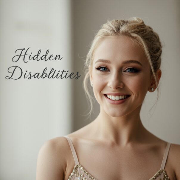Hidden Disabilities, Unseen Strength | Comfort In The Chaos A young blonde woman in a ballerina bodysuit smiles confidently against a neutral background, with the handwritten words “Hidden Disabilities” appearing near her jawline.