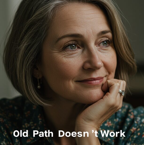 When the Old Path Ends | Comfort In The Chaos A thoughtful 55-year-old woman with a short haircut and minimal makeup smiles gently while looking away, resting her chin on her hand with rings visible, wearing a small floral blouse, reflecting on change and new direction.