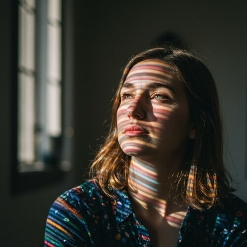 Noticing More, Paying Quietly | Comfort In The Chaos A young woman in a soft sweater dress sits quietly, looking upward toward faded sunlight streaming in from above. The light casts gentle waves of shadow across her face, subtly shaping forms that suggest layered emotions and inner awareness. The scene feels reflective and intimate, with motion implied through light rather than movement. Warm, brighter tones mix with soft shadows, creating a sense of depth, sensitivity, and quiet strength. Calm, thoughtful, and emotionally resonant.