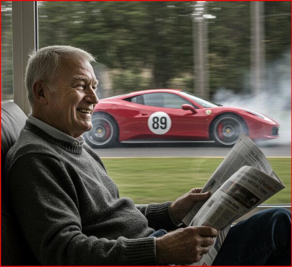 “The Road I Didn’t See Coming” | Comfort In The Chaos A man in a sweater sits in a chair reading a newspaper, looking out at green summer grass through a window. He smiles as he hears, but does not see, a red Ferrari passing by.