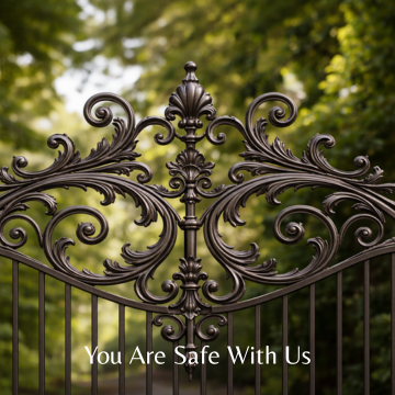 You Are Safe With Us | Comfort In The Chaos A close view of a wrought iron fence center post with trees in the background, overlaid with the words “You are safe with us.”
