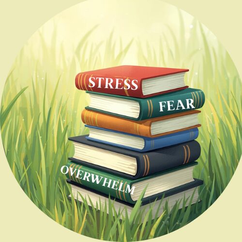 Understanding Stress, Fear, and Overwhelm | Comfort In The Chaos A stack of old books sits in tall green grass, with one red book labeled “STRESS” and green books labeled “FEAR” and “OVERWHELM” among neutral-colored volumes, symbolizing emotional weight within calm surroundings.